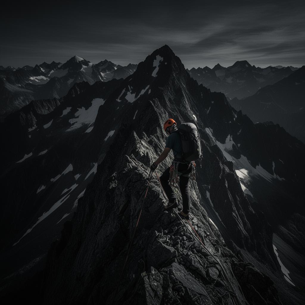 Athlete ascending a steep alpine ridge in harsh conditions